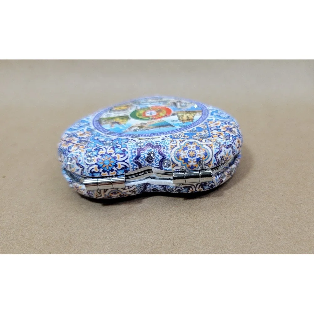 Portugal Souvenir Heart Compact Mirror Azulejo Tile Design Rhinestone Accents